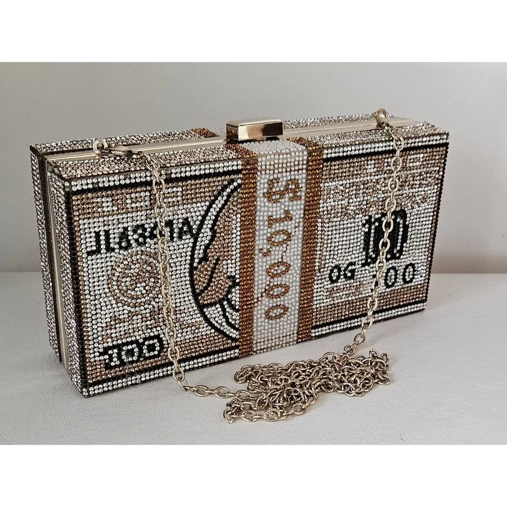 Money Stack Clear & Gold Rhinestone Clutch Bag Evening Purse